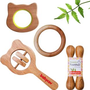BABYCOV Set of 4 Natural Neem Wood Teethers-Wooden Teething Toys for Babies 3+ Months Teether