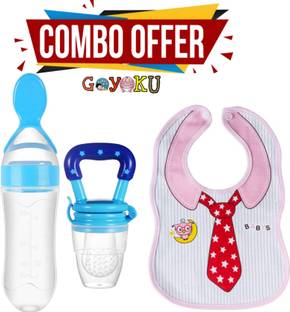 Goyoku Baby Silicone Spoon Feeding bottle With Fruit Feeder And Tie bib Pack of 3 Teether and Feeder