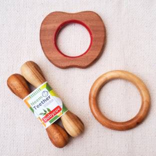 BABYCOV Neem Wood Teethers for Baby Set of 4 | for 3 Months Baby. (Apple Stick Ring) Teether