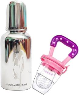 Goodmunchkins Stainless Steel Feeding Bottle 220ml -Silicone Fruit Feeder Teether and Feeder