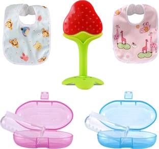 AVP 5 Pieces Combo Set For Your New Born Babies (Multicolor) Teether and Feeder