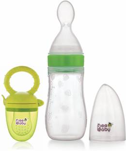 Beebaby Squeezy Food Grade Silicone Bottle Feeder & Food & Fruit Nibbler Combo for baby Teether and Feeder