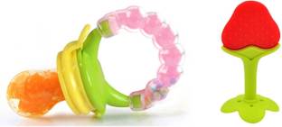 WISHKEY Baby Food Nibbler or Feeder with Rattle and Fruit Teether For Kids Set Of 2|Fruit and Vegetable Food Nibbler BPA Free For 6 to 12 Months|Silicone Fruit Teether For 0-2 years Babies|Teething Toys for Baby Teeth Growth Teether