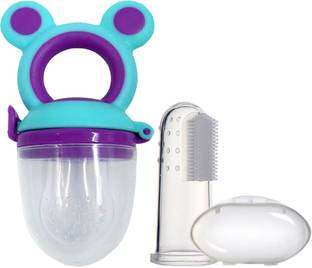 TINNY TOTS Baby Soft Bristle Silicone Finger Tooth Brush & Baby Fresh Fruit Nibbler Teether Teether
