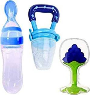 Kajaree Silicone Fruit Teether & Food Nibbler & Spoon Bottle (Multicolor) (Pack of 3) Teether and Feeder