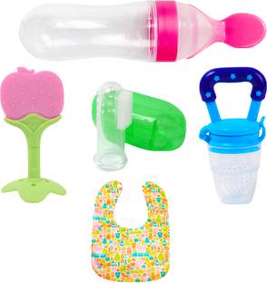 Smiley mia Baby fruit feeder with teether, nibbler, finger brush & baby bib for feeding Teether and Feeder