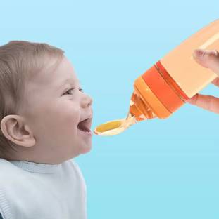 MAHIRAT Baby Squeezy Food Grade Silicone Feeder Bottle with Spoon Feeder For Baby 90ml Feeder