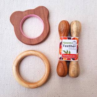 BABYCOV Neem Wood Teethers for Baby set of 4 | for 3 Months Baby. (Cat Sick Ring) Teether