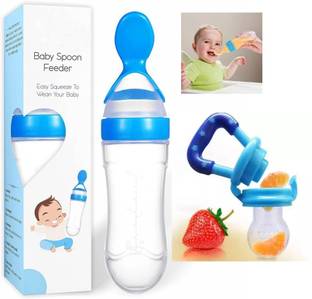 DECRONICS Squeezy Food Grade Silicone Bottle 90 ML & Fruit Feeder/Nibbler for Baby Feeding Feeder