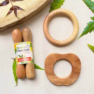 BABYCOV Neem Wood Teethers for Baby Set of 4 | for 3 Months Baby. (Apple Stick Ring) Teether