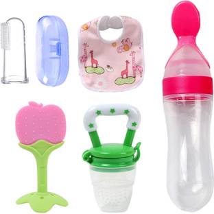 Smiley mia Baby Rattle nibbler, fruit teether, finger brush, bib & spoon feeder for feeding Teether and Feeder