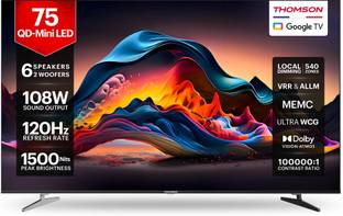 Thomson Masterclass Series 189 cm (75 inch) Ultra HD (4K) Mini LED Smart Google TV 2025 Edition with 6 Speaker with 108 W Sound Output Powered by Blaupunkt | Inbuilt 2 Sub-Woofer with Magic Sound| Dolby Atmos | 288 Local Dimming Zones | 120 Hz HSR Refresh Rate | MEMC with ALLM & VRR | 1500 Nits Brightness | Dolby Vision, HDR 10, HLG |Contrast Ratio 100000:1 | Smart Eye Shield |Ultra WCG