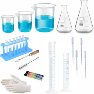 SBT Chemistry Lab kit Combo of 23 Product Beakers Conical Flask, Test Tube Borosilicate Glass Test Tube Rack
