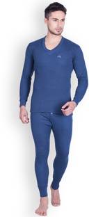 LUX COTT'S WOOL Blue Full Sleeves V-Neck Trouser Set Men Top - Pyjama Set Thermal