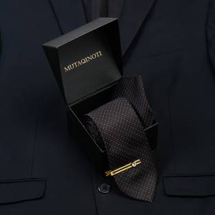 MUTAQINOTI Flowral Black Italian Style Silk Necktie Set With Pocket Square & Gold Tie Pin Polka Print Tie