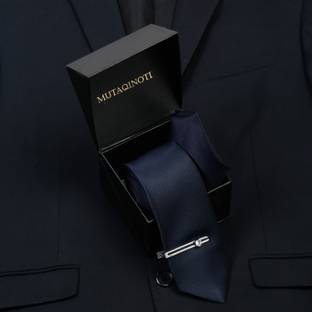 MUTAQINOTI Dark Blue Italian Style Silk Necktie Set With Pocket Square & Chorme Tie Pin Printed Tie