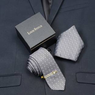 LOUIS STITCH Grey Checkerd Italian Silk Suit Necktie with Gold Tie Pin Checkered Tie