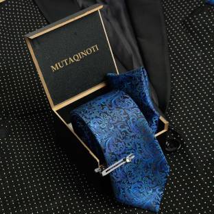 MUTAQINOTI Checkerd Blue Italian Style Silk Necktie With Pocket Square Chorme Tie Pin Woven Tie