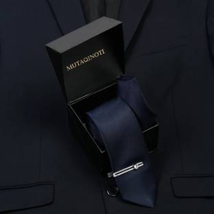 MUTAQINOTI Dark Blue Italian Style Silk Necktie Set With Pocket Square & Chorme Tie Pin Printed Tie