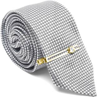 LOUIS STITCH Ash Grey Italian Silk Suit Necktie with Gold Tie Pin Checkered Tie