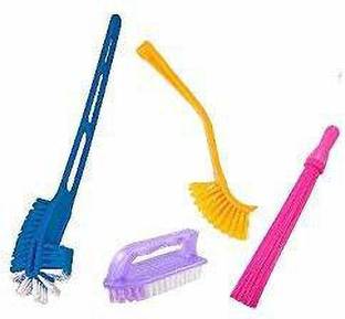 Mohprit Toilet, Bathroom, Sink Cleaning Brush and Plastic Broom (Multicolour ) Set of 4