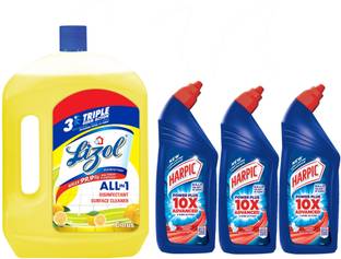 Lizol Disinfectant Surface Cleaner Citrus 2L and Harpic Power Plus (1L x3) Original Liquid Toilet Cleaner
