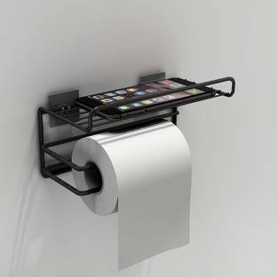 Plantex Heavy Duty Mild Steel Toilet Paper Holder with Mobile Phone Stand (Black) Iron Toilet Paper Holder
