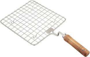 UTENCIL UNIVERSE UU-42 Square Papad Jali/Roti Roast Grill/Papad Roast Grill with Wooden Handle 18 cm Utility Tongs