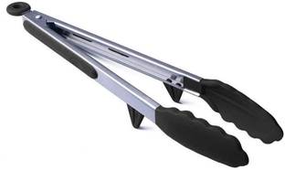 Baskety 12 inch Black Stainless Steel Tongs Silicone Grip Heat Resistant Kitchen Set (Black) 32 cm Serving Tongs