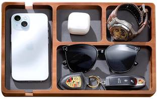 SUPVOX Nightstand Desk Organizer Tray Leather Inlay Wood Utility Valet Tray with Leather Inlay for Nightstand and Desk EDC Essentials Organizer Tool Tray