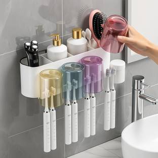 FLASHKITCH Wall Mounted Toothbrush Holder Modern Plastic Storage Rack|Multi-Slot Organizer Plastic Toothbrush Holder