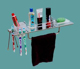 SQUARO ONLINE STORE 5 IN 1 Bathroom Shelf/ Tumbler Holder/ Towel Hanger Soap Dish(17x5 Inch) Stainless Steel Toothbrush Holder