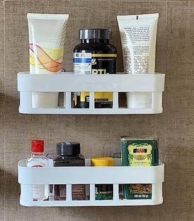 Xena Home Kitchen Bathroom Accessories Rack Shelf with Strong Adhesive Magic Sticker Plastic Wall Shelf