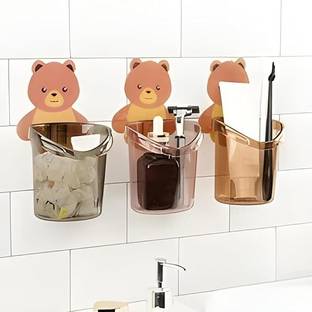 PYORIT (Pack of 3) Toothbrush Holders for Bathroom Waterproof Self Adhesive Wall Mount Plastic Toothbrush Holder