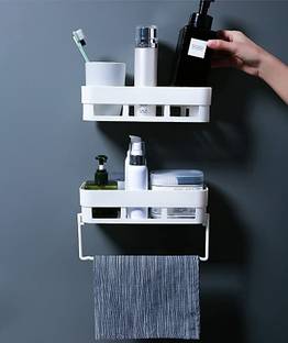 HXOSET Plastic Home Kitchen Bathroom Storage Organizer And Towel Hanger Plastic Wall Shelf