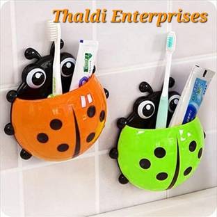 Thaldi Enterprises Ladybug Wall Mount Toothbrush/Pen/ Mobile Holder Bathroom Organizer (Pack of 2) Plastic Toothbrush Holder