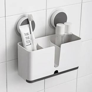FLASHKITCH Self Adhesive 3Compart Wall Mount Toothbrush Holder with Drain Tray for Bathroom Plastic Toothbrush Holder