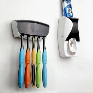 MS MIGAMI Automatic Toothpaste Dispenser (Wall Mounted) with 5 Compartments Plastic Toothbrush Holder
