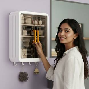 GRIVAN Premium Self-Adhesive Plastic Shelf Storage Cabinet Box For Bathroom & Kitchen Plastic Toothbrush Holder