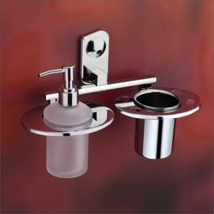 Easyhome Furnish 304 Stainless Steel & Glass Tumbler Holder with Handwash Dispenser for Bathroom Stainless Steel, Glass Toothbrush Holder