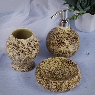 Kraftlik Handicrafts Brown Ceramic Bathroom Set and Organization Bathroom Accessories(Set 3) 300 ml Shampoo, Liquid, Soap Dispenser