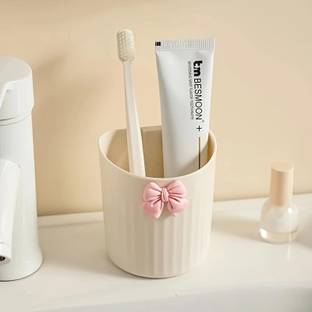 ZENOVIA Toothbrush Holder Cup with Pink Bow | Ceramic Look Bathroom Organizer PACK OF 1 Plastic Toothbrush Holder