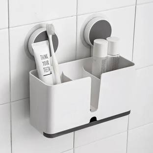 Linear Plastic Self Adhesive Wall Mount Toothbrush Holder with Drain Tray for Bathroom Plastic Toothbrush Holder