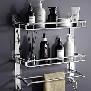 GLOXY Magic Sticker Shelf Adhesive Anti Rust 3 Layer Bathroom Shelf with Towel Holder Stainless Steel Toothbrush Holder