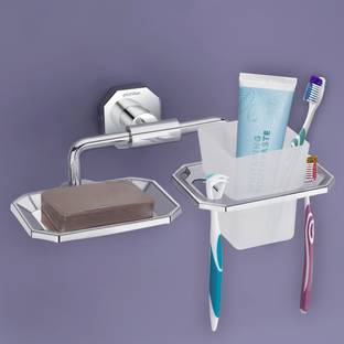 Plantex Nipron 2in1 Soap Dish Stand With Tumbler Holder/Brush Stand (Chrome) 304 Grade Stainless Steel Toothbrush Holder
