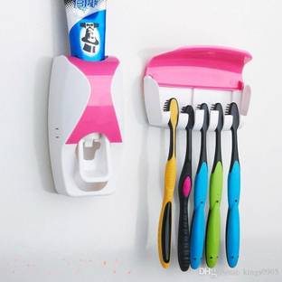 FUTURE CULB Toothbrush Holder Dust-Proof Wall Mounted with Cover Bathroom Storage Stand Toothpaste Dispenser Squeezer Kit Tooth Brush Holder Set Automatic Auto Toothpaste Dispenser White Metal Toothbrush Holder Plastic Toothbrush Holder