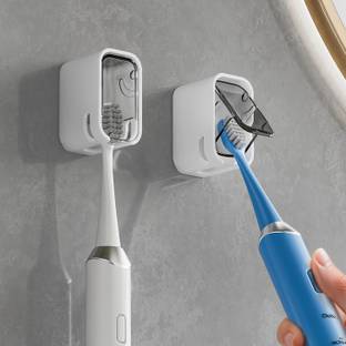 Zibuyu Wall Toothbrush Holder Self Adhesive Dustproof Bathroom Holder with Clear Window Plastic Toothbrush Holder