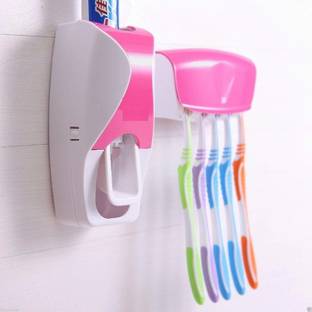Stylord Plastic Automatic Hands-Free Wall Mounted Toothpaste Dispenser Squeezer with Detachable 5 Hole Toothbrush Holder ( Color) Plastic Toothbrush Holder
