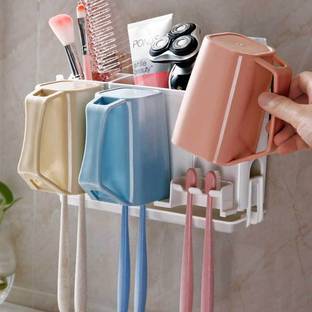 QXORE Multi-Use Wall Mounted Self Adhesive Toothbrush Holder For Bathroom With 3 Cups Plastic Toothbrush Holder