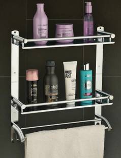 GLOXY Double Layer Shelf with Towel Holder Rod for Bathroom Multipurpose Rack Shelf Stainless Steel Toothbrush Holder